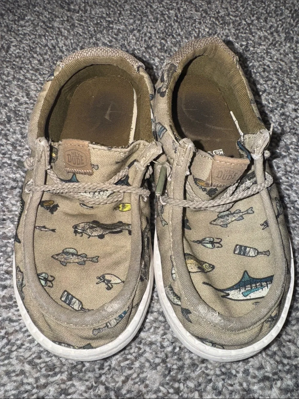 Hey Dude Kids Canvas Slip-Ons in Olive with Blue and Yellow Fish Print